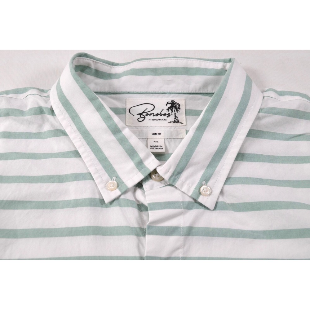 Bonobos Men's XXL Shirt Slim Fit Green & White Stripe Short Sleeve‎ Button Front